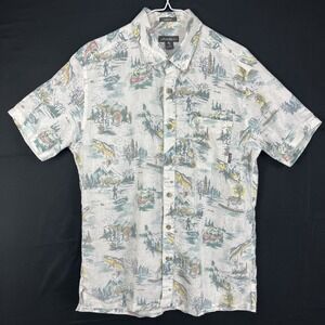 EUC Eddie Bauer Men M White Fishing Trout Print Linen Cotton Short Sleeve Shirt
